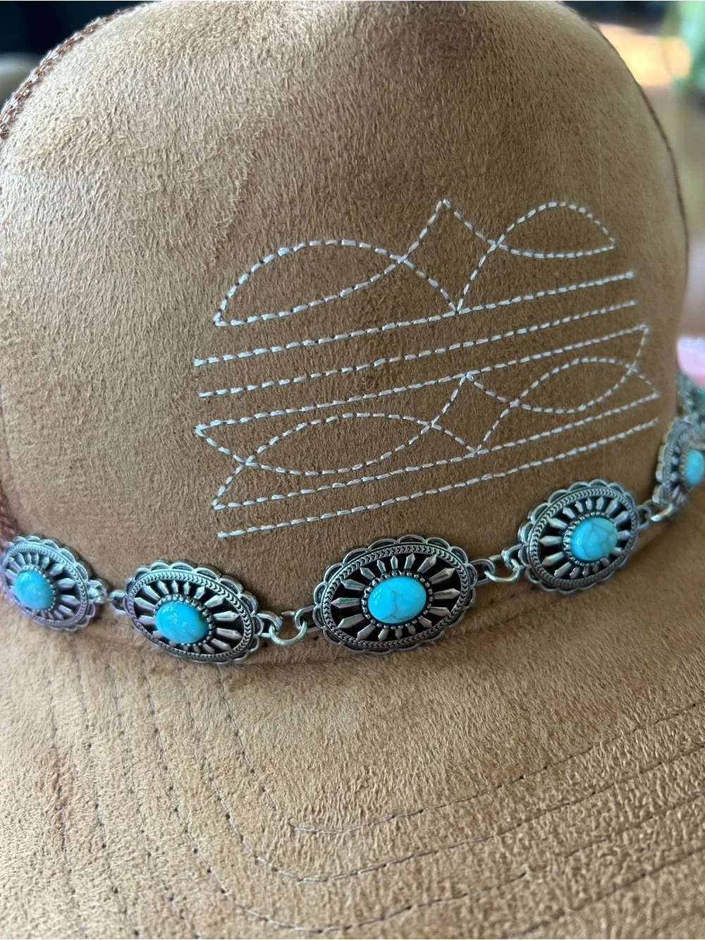 Custom Western Suede Trucker Hat with Turquoise & Silver Conchos